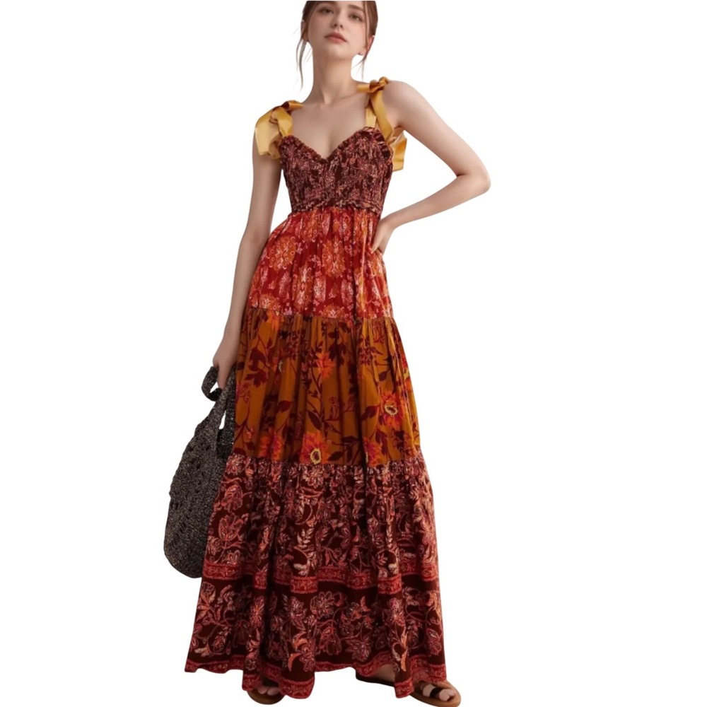 Womens Boho Tiered Floral Smocked Maxi Dress Rust Red Brown Size M‎